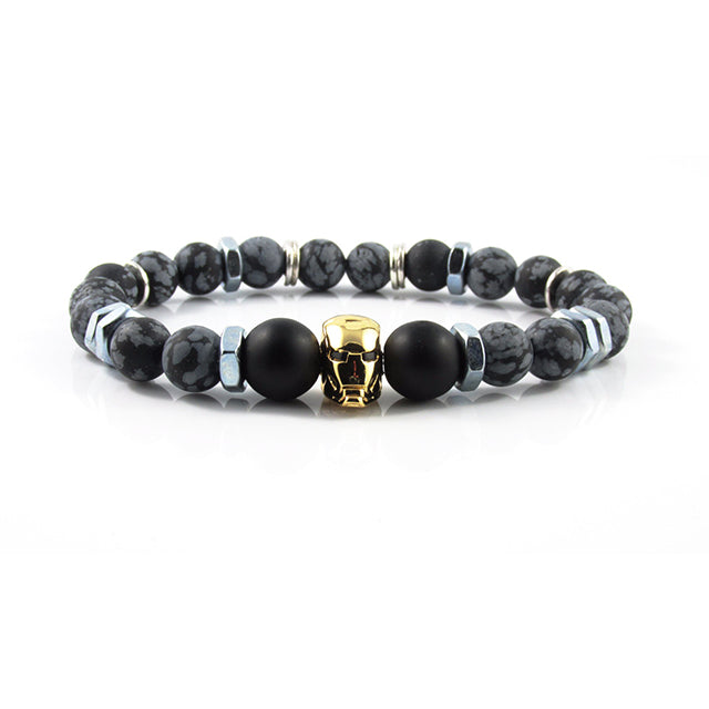 18kt. Gold Plated Iron Man | Matte Onyx x Matte Snowflake Obsidian x Bolts